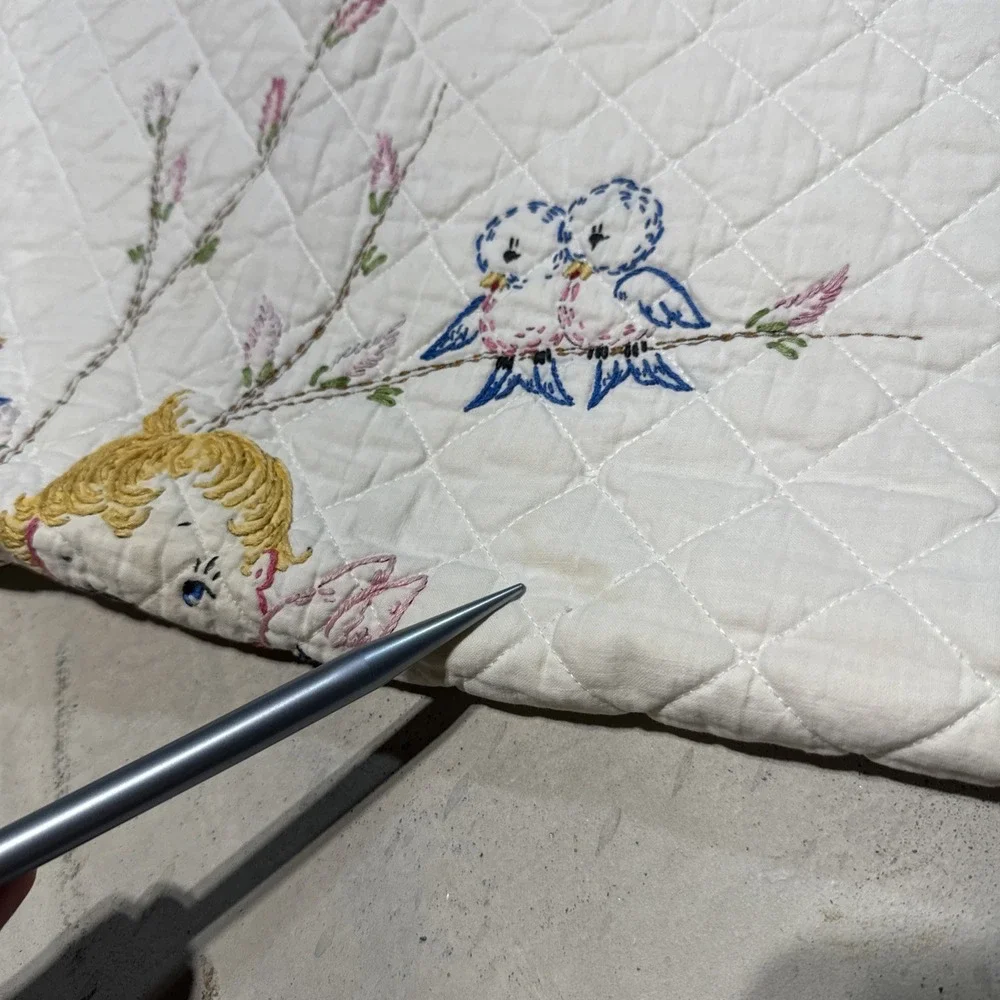 Vintage Handmade Patchwork Bunny Birds Cross Stitched Baby Quilt 29